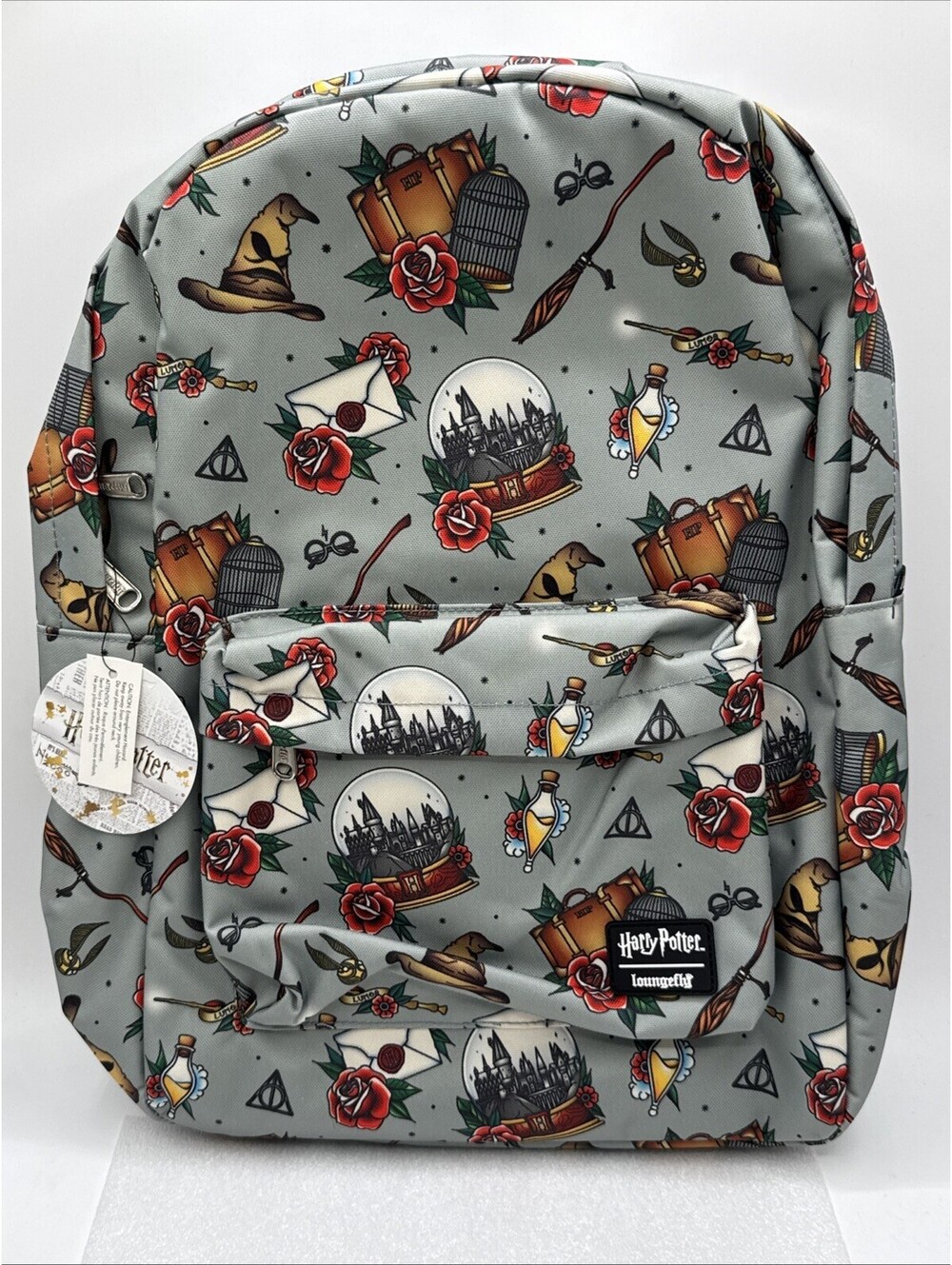 Loungefly Harry Potter Relics Tattoo AOP Nylon Backpack Roses Snowglobe New